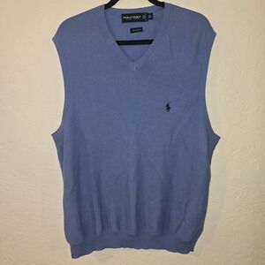 Polo Golf Ralph Lauren Men's Cotton Vest L V Neck Light Blue & Pony Italian Yarn